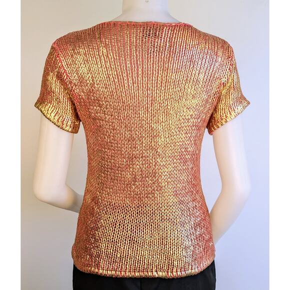 Oscar de la Renta Sweater VTG Petite Med Coral Gold Shimmer Short Sleeve Ribbed - Picture 5 of 9